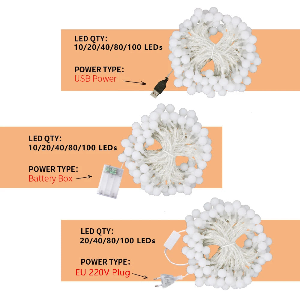 FanzyMarket 13m LED globe string lights with battery, USB, or 220V power, warm and cool white, perfect for outdoor garden and wedding decor.