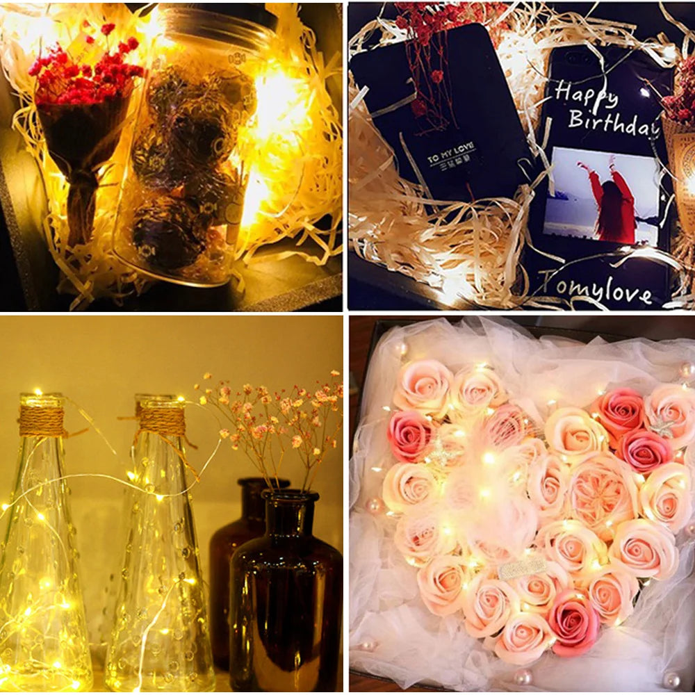 FanzyMarket waterproof battery-operated LED copper wire fairy lights in white, 2m to 5m for wedding, party, Christmas, or DIY decor.