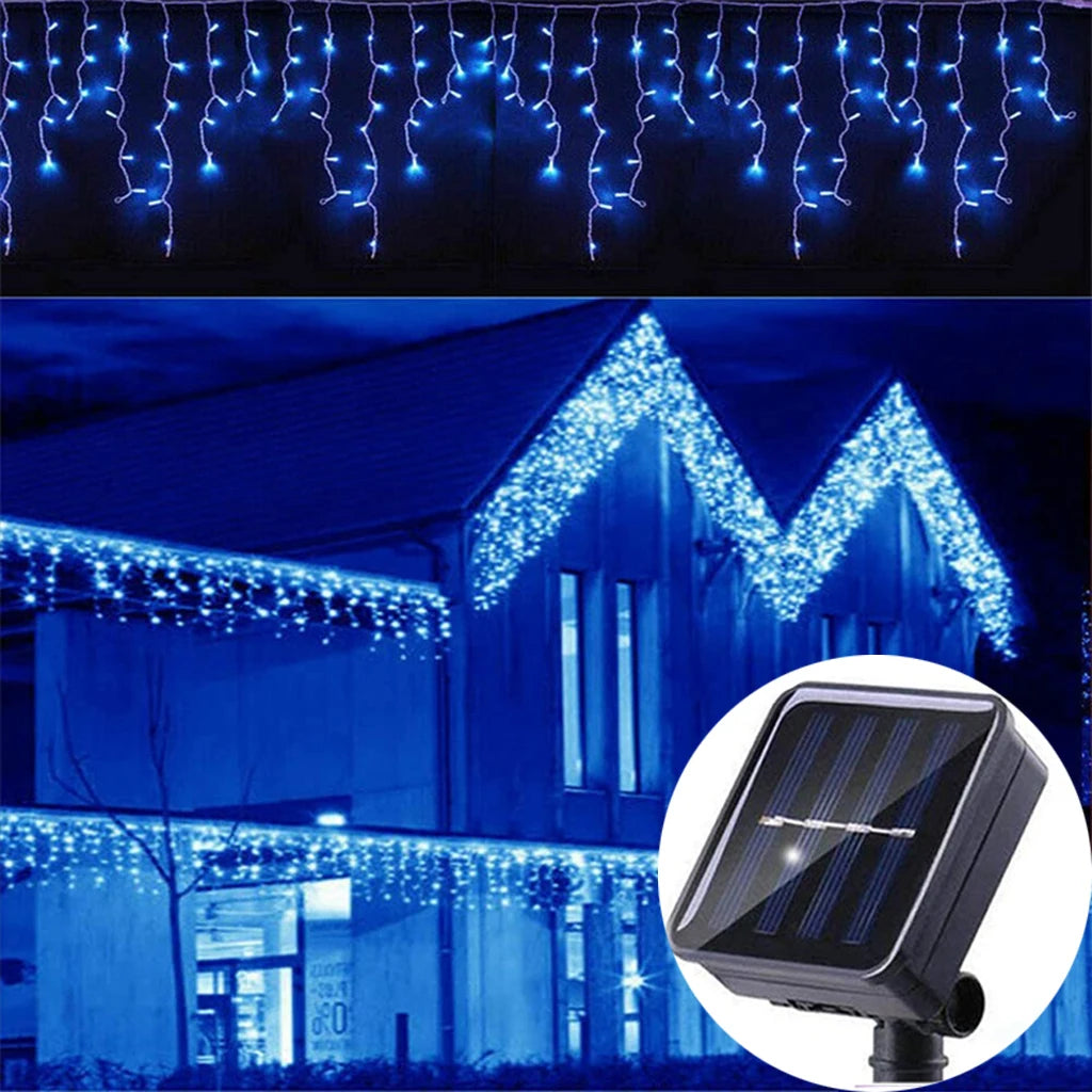 FanzyMarket solar curtain icicle fairy string lights, 3.5m waterproof outdoor decor for wedding or Christmas garden lighting.