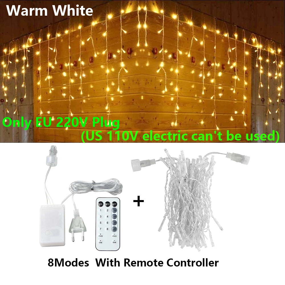 FanzyMarket 40m LED curtain icicle fairy lights with remote, waterproof string lights for indoor or outdoor Christmas, wedding, and party decor.
