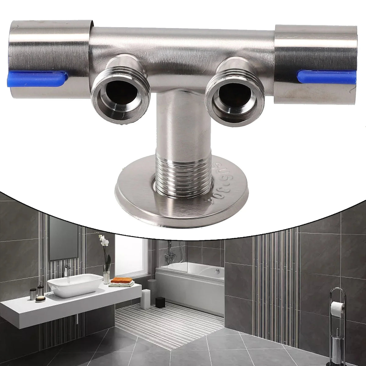 FanzyMarket double outlet stainless steel deck-mount faucet with double handles, brushed finish, suitable for washing machines and bathrooms.