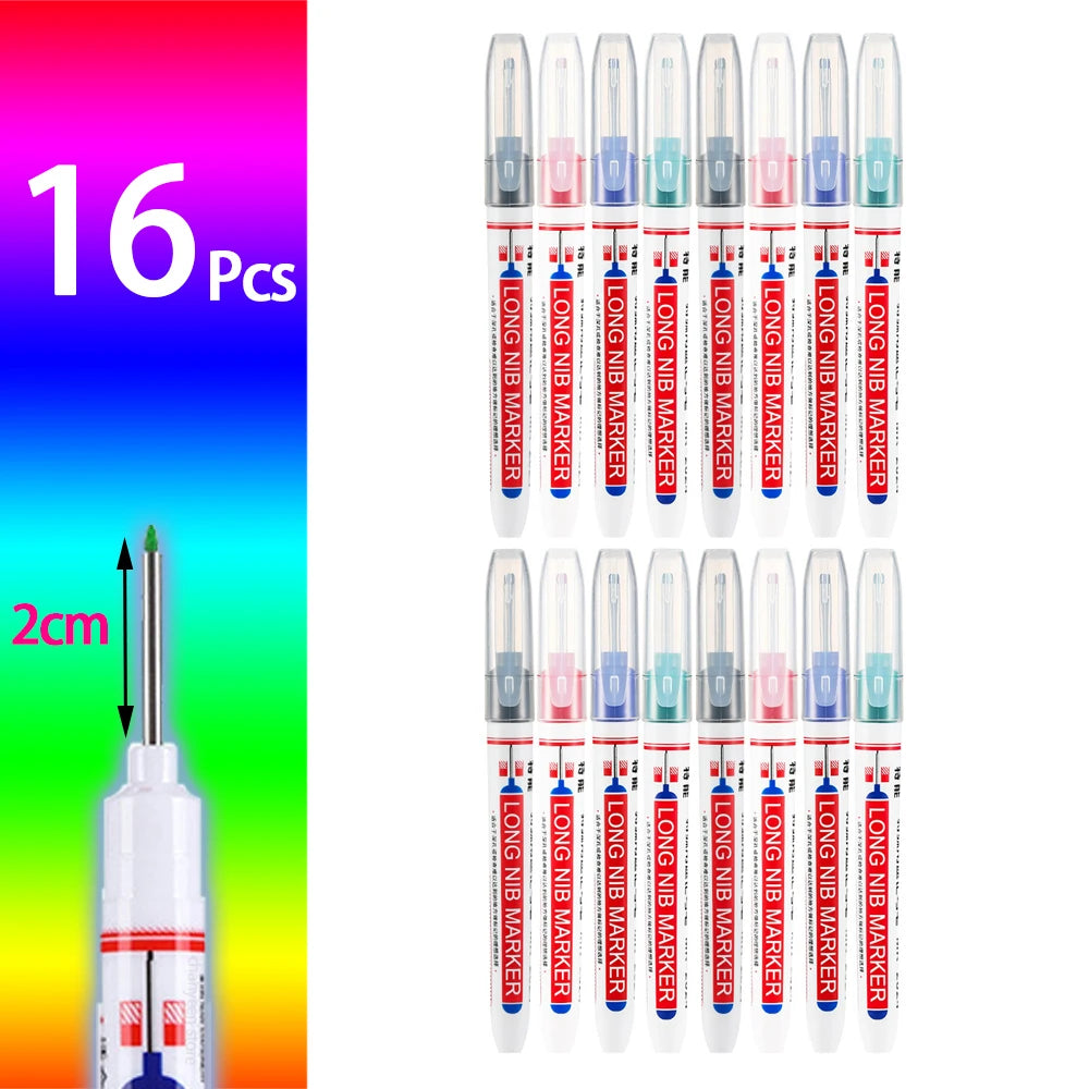 Set of 40 waterproof deep-hole marker pens with 20mm tips in black, blue, red, and green for metal, wood, and carpentry projects.