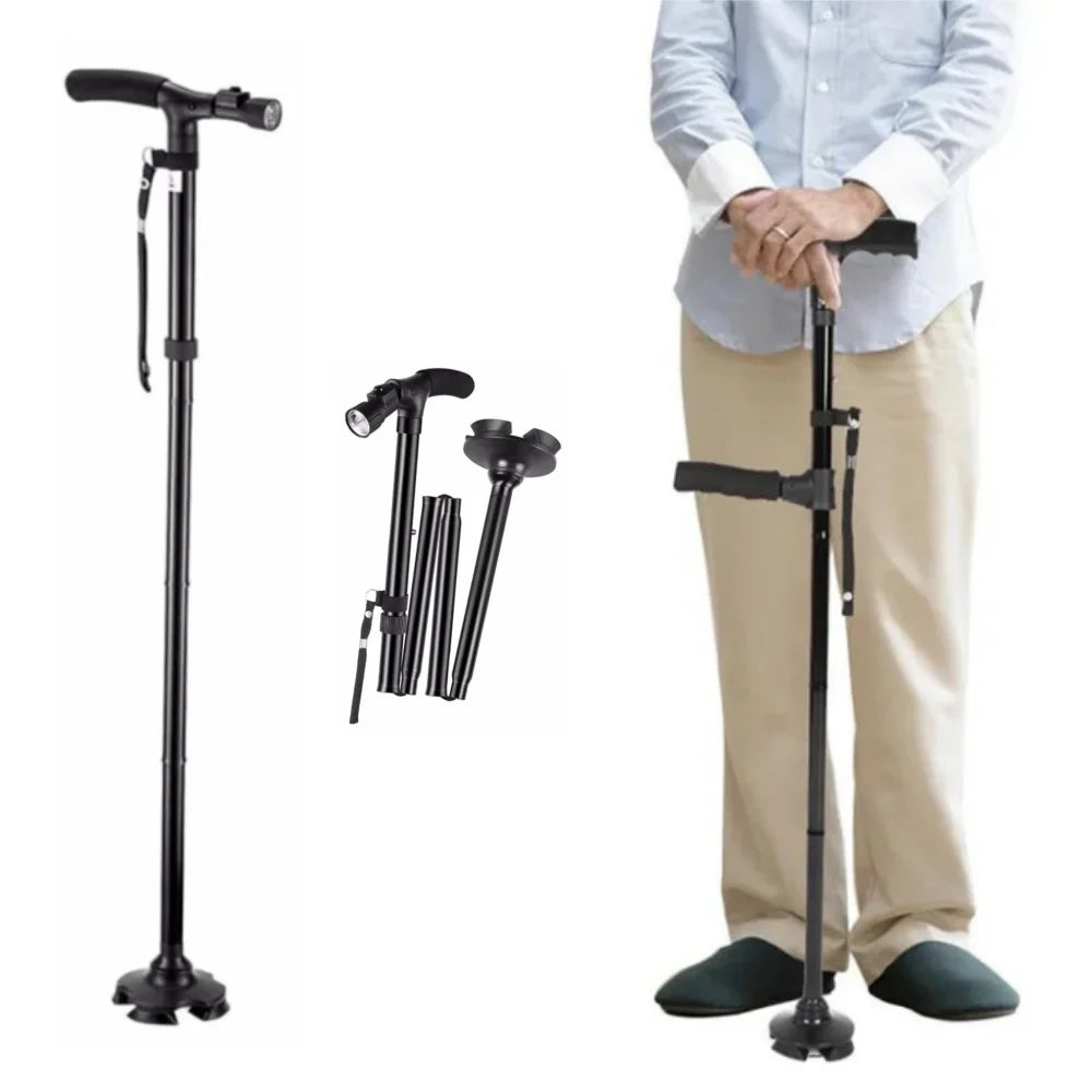 FanzyMarket adjustable folding LED walking cane with lightweight aluminum, anti-slip quad tip, 32.3–37 inches, 250 lb capacity.