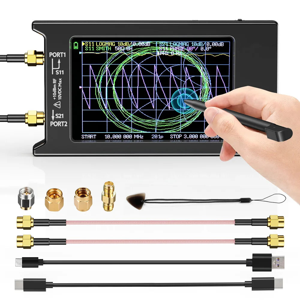 FanzyMarket handheld vector network analyzer with 4-inch display, antenna testing, and SD card slot for RF analysis from 10 kHz to 1.5 GHz.