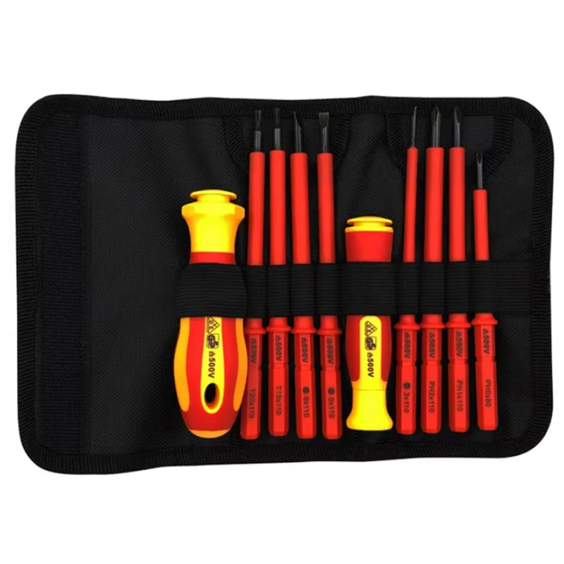 FanzyMarket 10-piece VDE insulated screwdriver set with interchangeable blades, magnetic tips, and carrying case for electricians and home use.