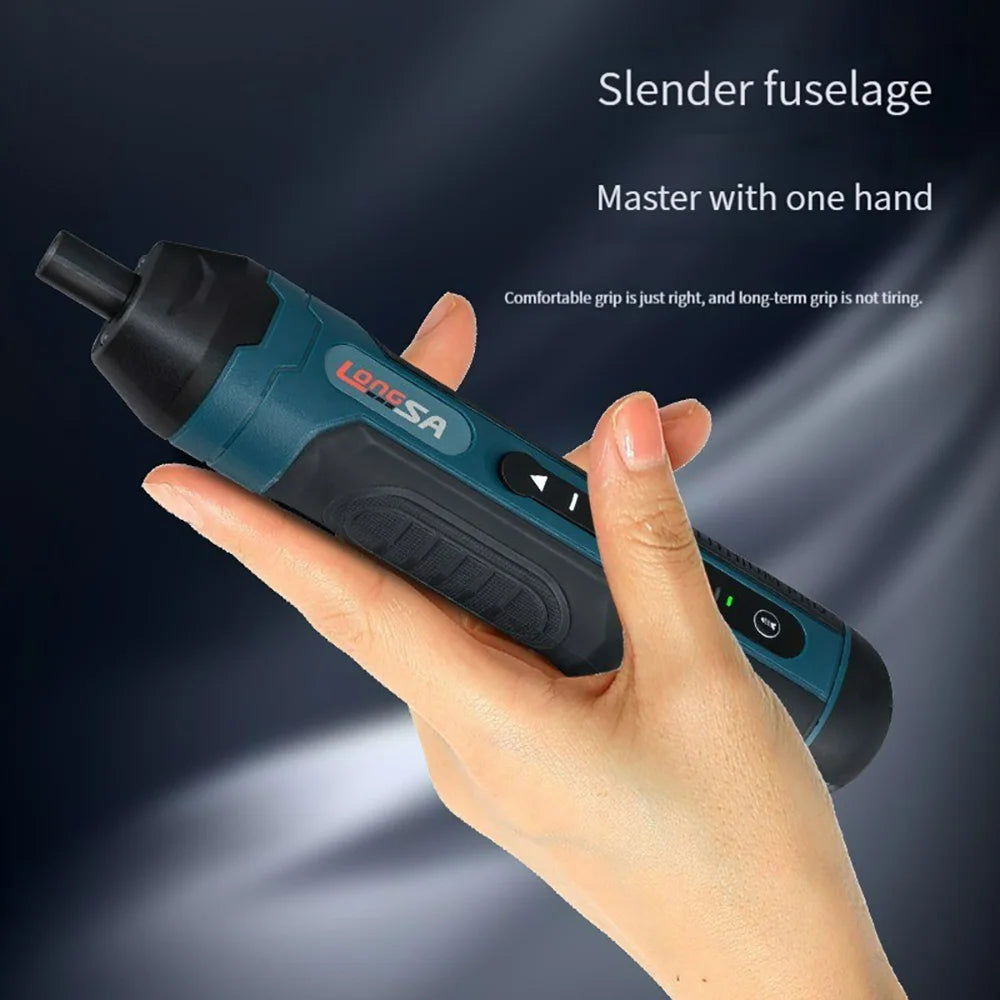 FanzyMarket 3.6V mini cordless electric screwdriver with adjustable torque, straight handle, 1/4" hex chuck, and 1300mAh lithium battery.