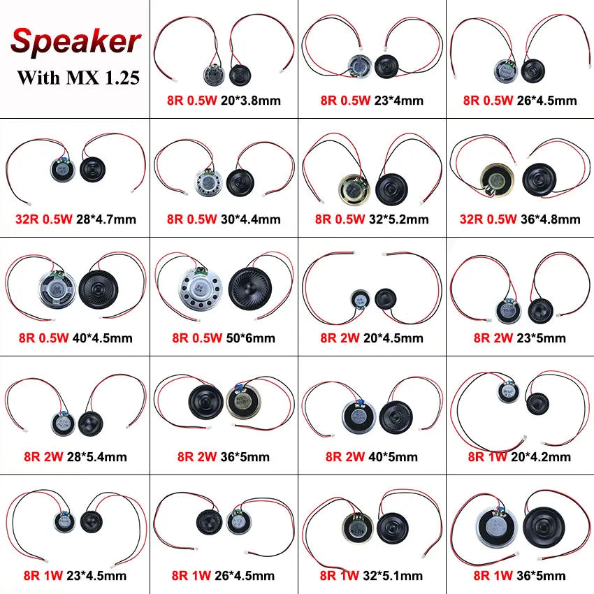 FanzyMarket 2-pack ultra-thin mini speakers with 8Ω & 32Ω impedance, 20-50mm diameter, MX/XH terminals, ideal for electronic projects.