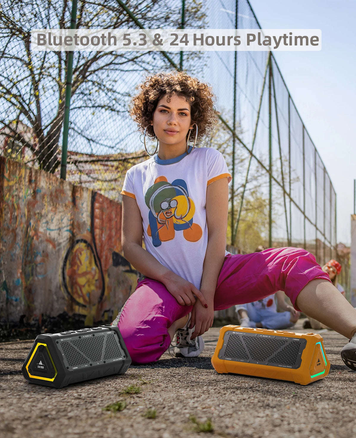 FanzyMarket portable outdoor Bluetooth speaker in army green with 40W stereo sound, waterproof IP67, RGB lights, Micro SD, TWS.