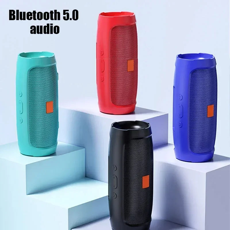 FanzyMarket portable Bluetooth 5.0 subwoofer speaker in black with FM radio, TF card slot, USB port, and rechargeable battery.