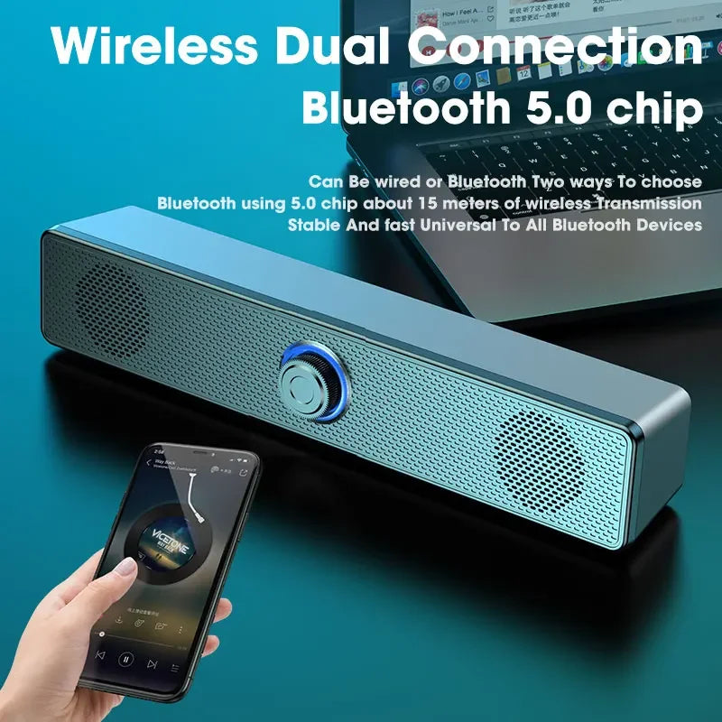 USB-powered Bluetooth PC speakers with a sleek design, featuring 3D stereo sound and deep bass capabilities.