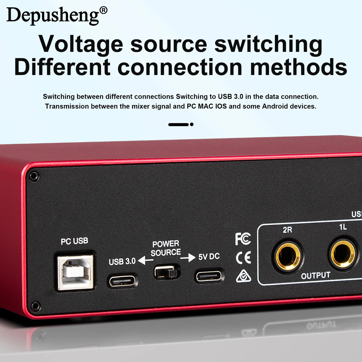 FanzyMarket 2-channel USB audio interface with 48V phantom power for live streaming, studio recording, and podcast audio.
