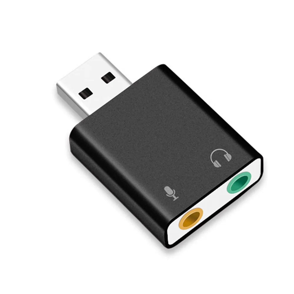 FanzyMarket external USB sound card adapter with 3.5mm headphone and mic ports, virtual 7.1 surround sound, plug and play.