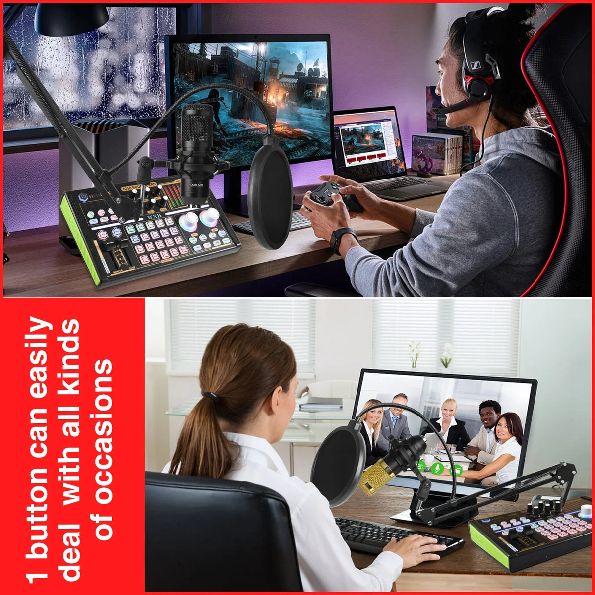 FanzyMarket external sound card studio mixer with noise-reduction microphone, ideal for live streaming, TikTok, and podcasting.