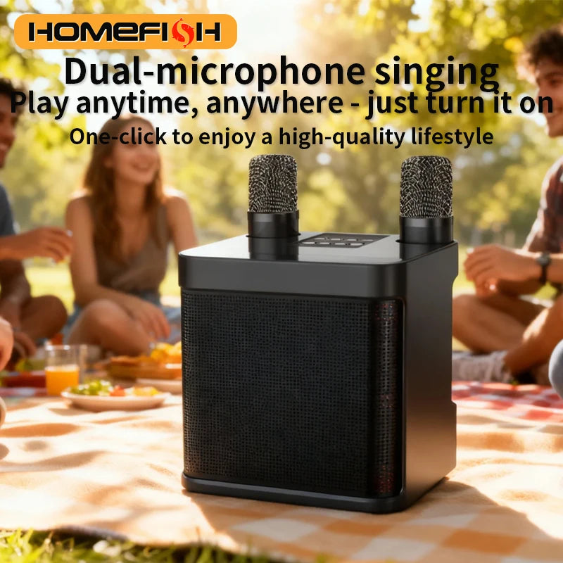 FanzyMarket portable Bluetooth karaoke speaker in silver with dual microphones, 10W power, rechargeable battery for home and outdoor use.