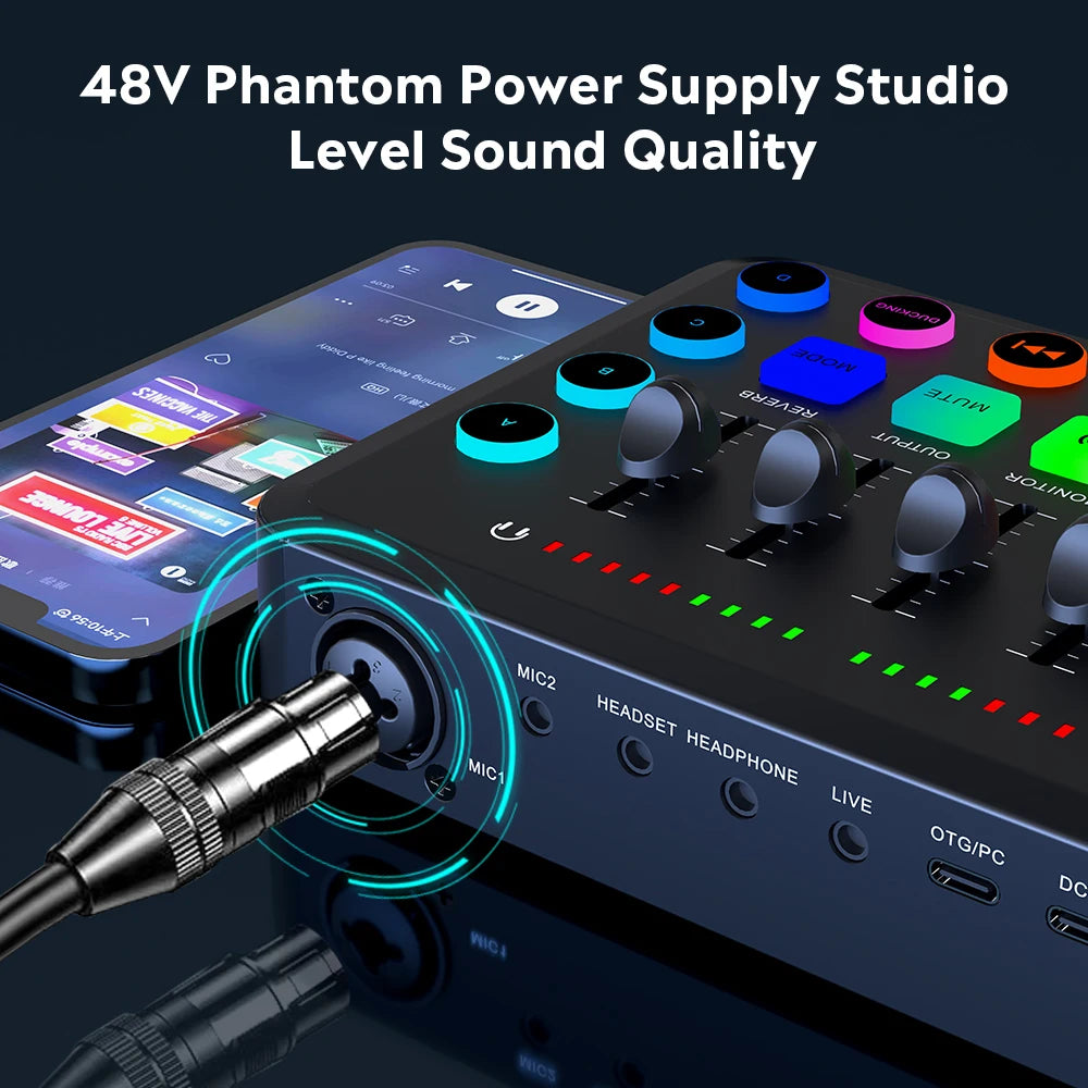 FanzyMarket 5-channel live sound card mixer for streaming, podcasting, and gaming, with professional audio controls and white finish.