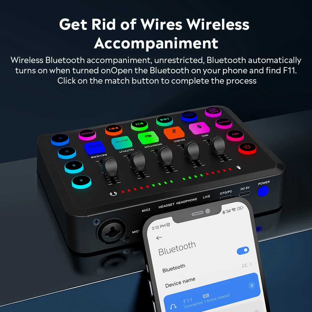 FanzyMarket 5-channel live sound card mixer for streaming, podcasting, and gaming with professional audio controls and white finish.