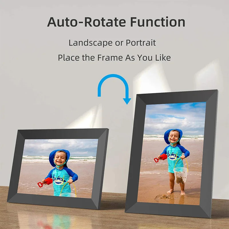 FanzyMarket 10.1-inch WiFi digital photo frame with 1280x800 IPS HD touchscreen, 64GB storage, wall-mountable, black.