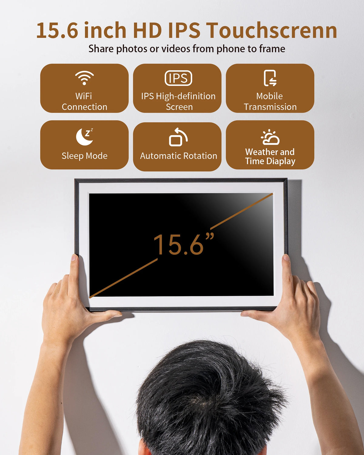 FanzyMarket 15.6-inch WiFi smart digital photo frame with 1920x1080 Full HD IPS touchscreen and 32GB storage.