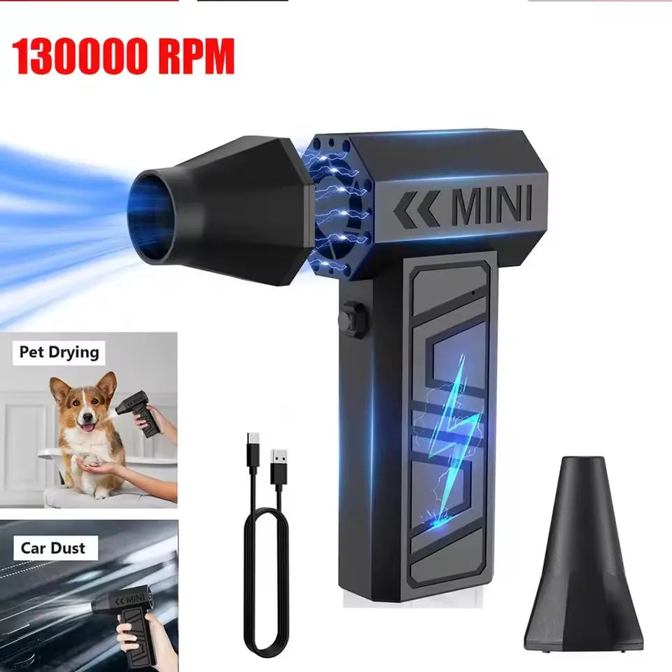 FanzyMarket Mini Rechargeable Electric Air Duster, portable cordless blower with 3-speed settings and four nozzles for cleaning electronics.