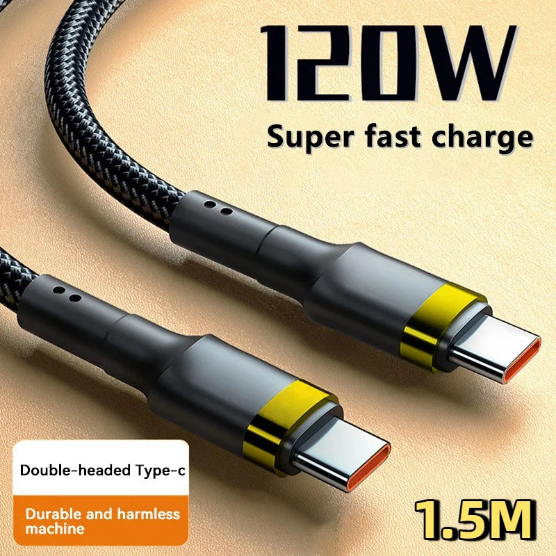 FanzyMarket 120W USB-C to USB-C PD fast charging cable, 5A high-speed power delivery for iPhone, Samsung, Xiaomi, and USB-C devices.