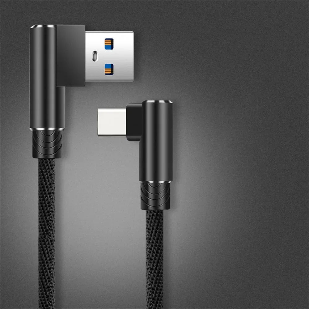 FanzyMarket 40W USB-A to USB-C braided right-angle cable for fast charging and data transfer on iOS and Android smartphones.