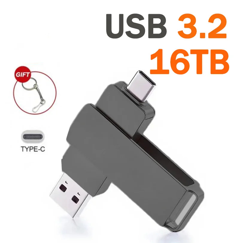 FanzyMarket 16TB USB 3.2 flash drive with USB-C and USB-A connectors, waterproof, high-speed portable storage device.