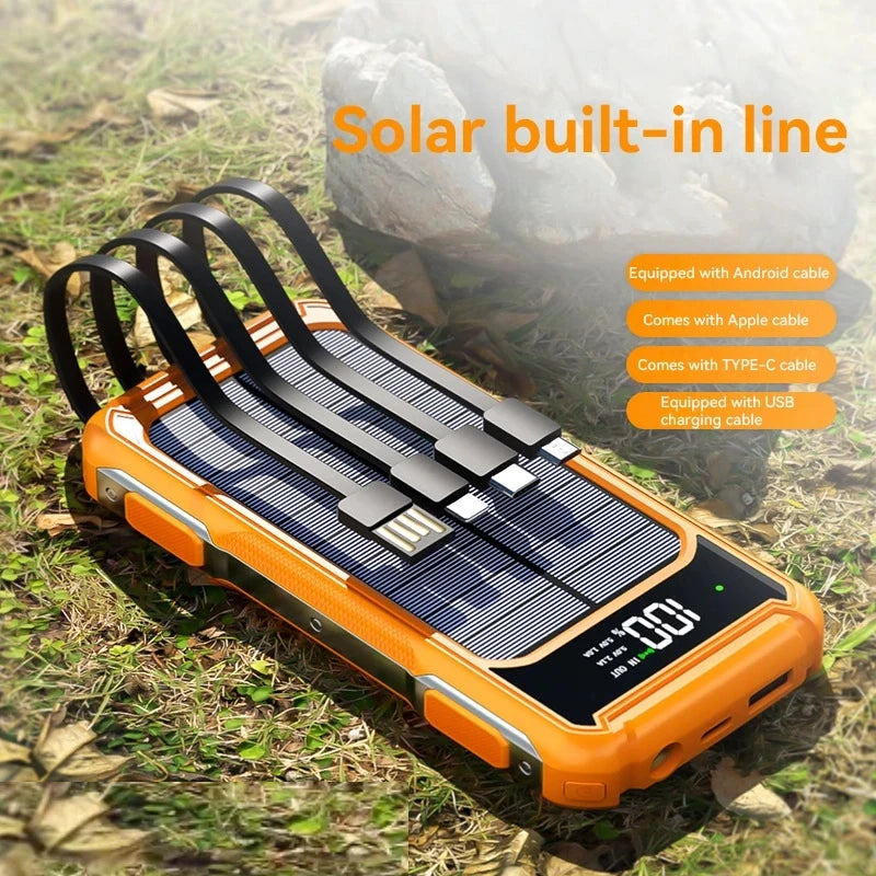 FanzyMarket 200000mAh solar power bank with built-in cables, digital display, LED emergency light, and fast charging capability.