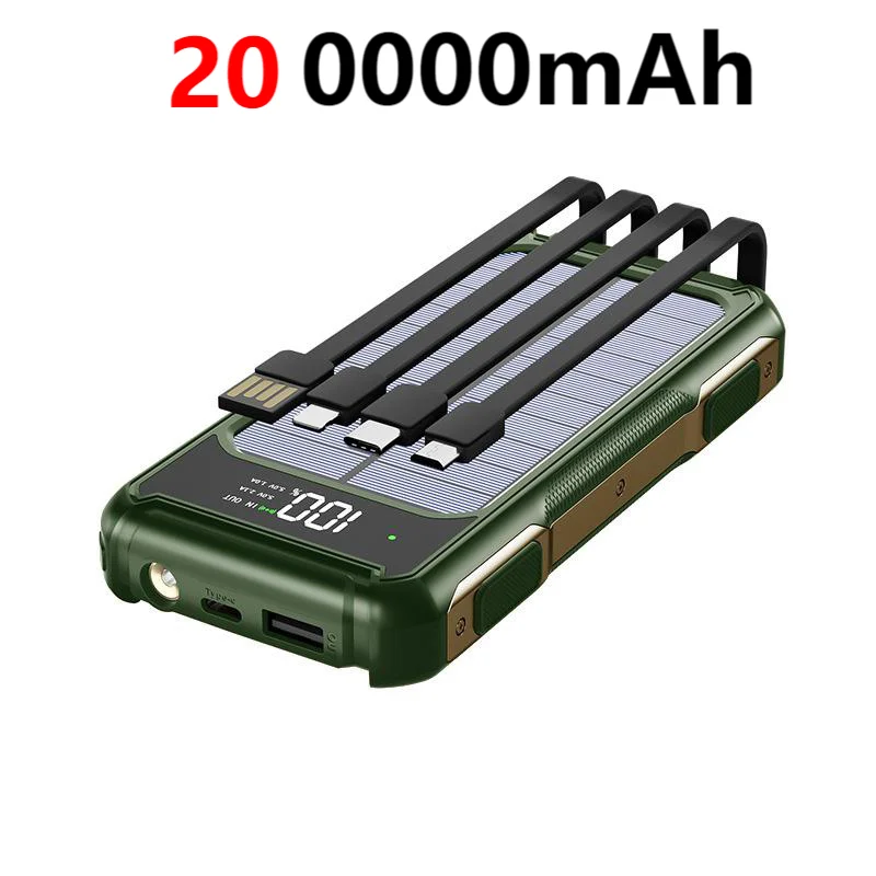 FanzyMarket 200000mAh solar power bank with built-in cables, digital display, fast charge, and LED emergency light in yellow color.