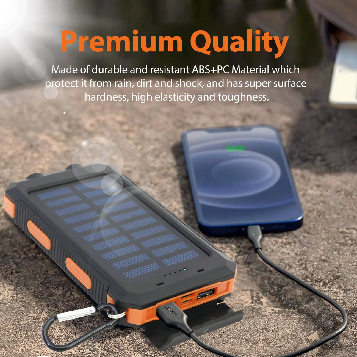 FanzyMarket 20000mAh solar power bank with dual USB, USB-C input, built-in cables, and LED flashlight for portable charging.