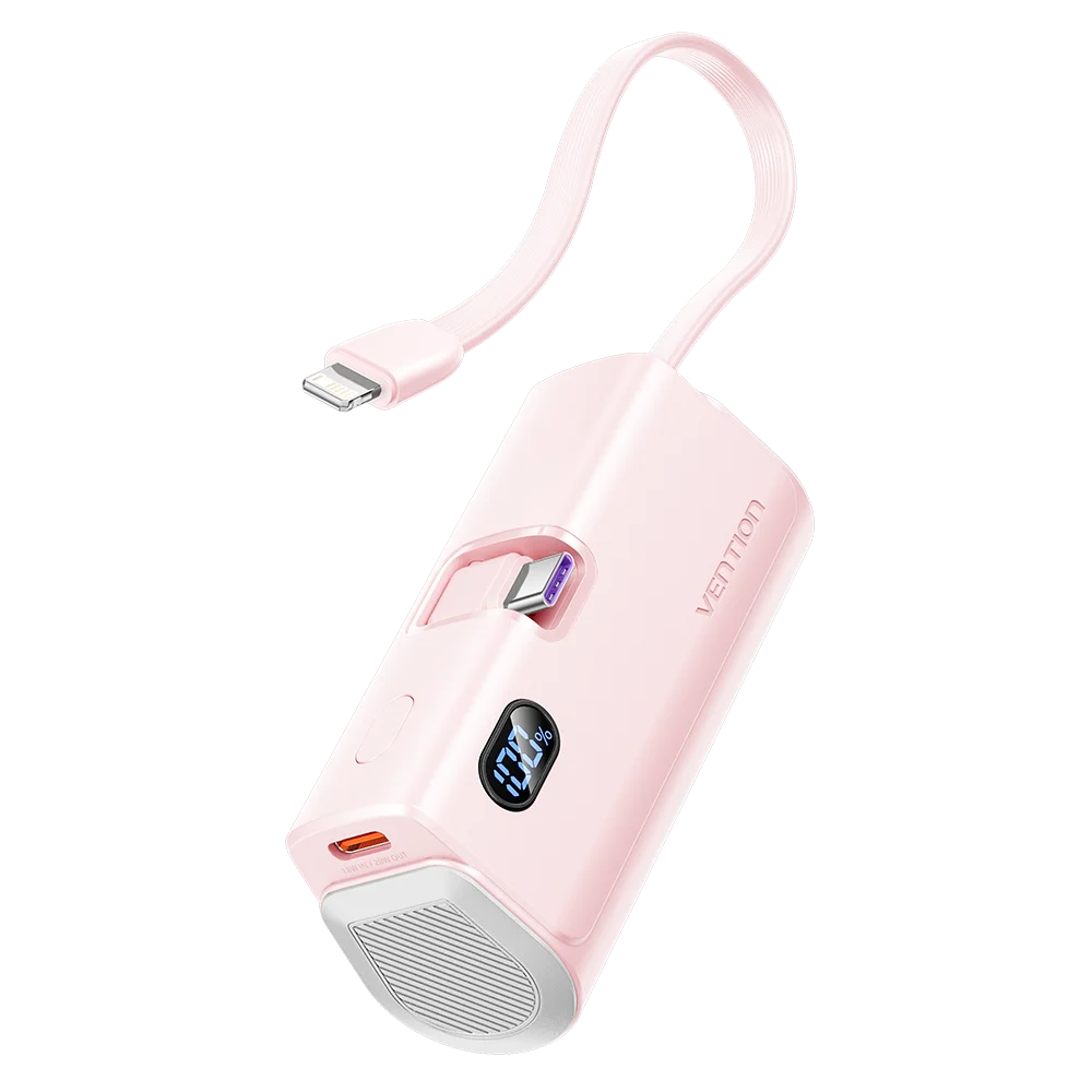 Blue FanzyMarket 4800mAh mini power bank with USB-C PD, built-in Lightning cable, portable charger for iPhone, Samsung, Xiaomi.