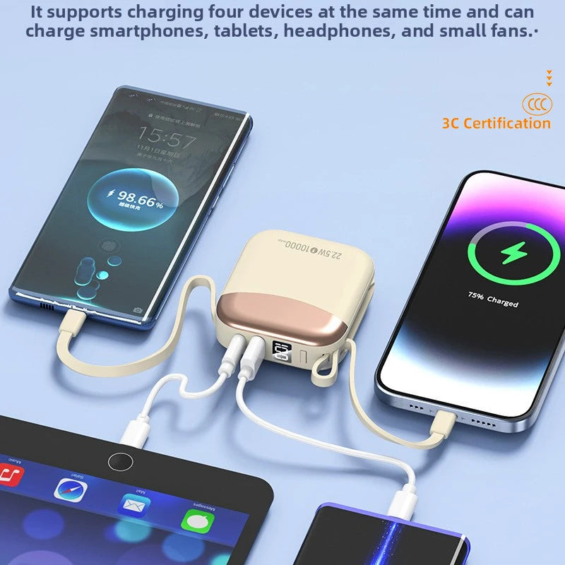 FanzyMarket 10,000mAh beige portable power bank with built-in USB-C cables, fast charging, compact external battery for electronics.
