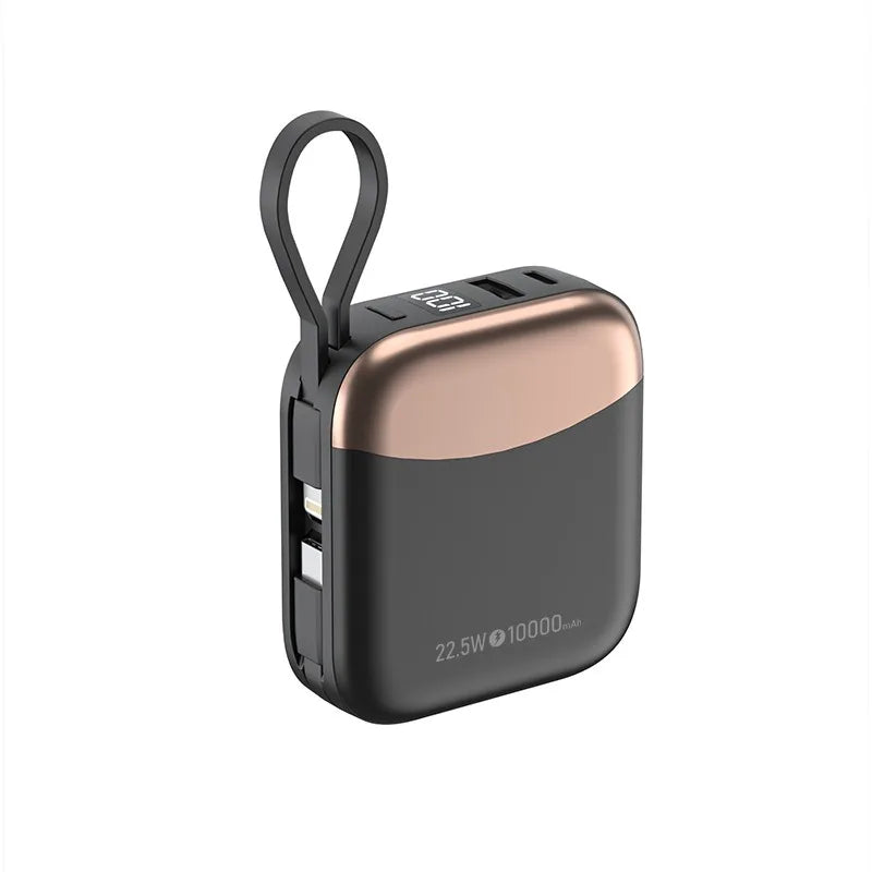 FanzyMarket 10,000mAh beige portable power bank with built-in USB-C cables and fast charging for smartphones and devices.