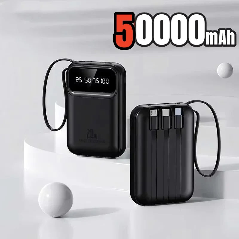 FanzyMarket 500000mAh portable power bank with 20W fast charge, built-in cables, LED light, and digital display in black.