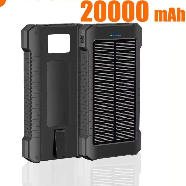 FanzyMarket waterproof solar power bank with LED display, flashlight, dual USB ports, and fast charging for camping and travel.