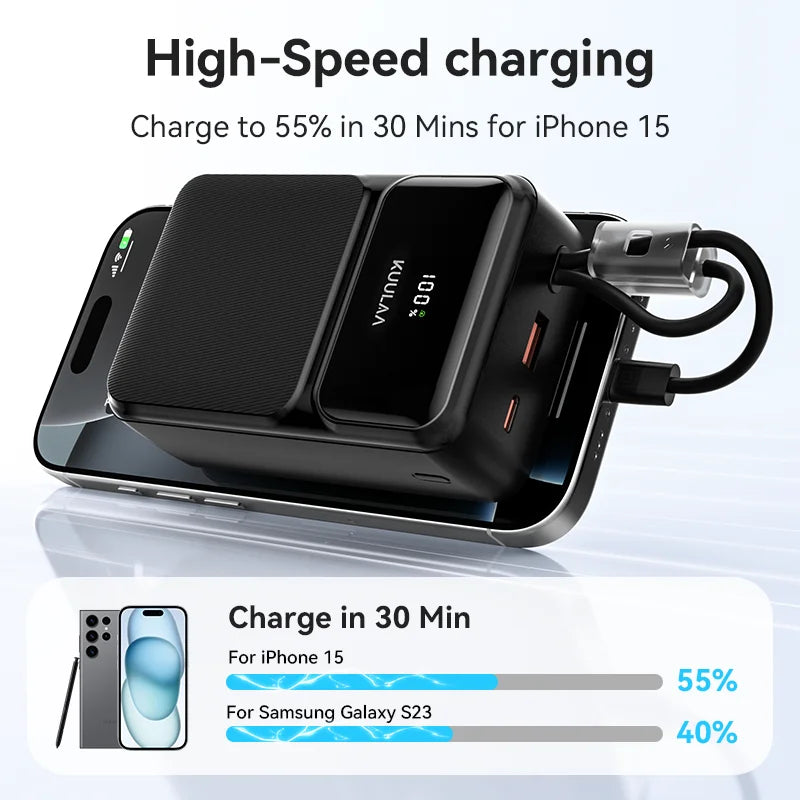 FanzyMarket 30000mAh portable power bank with built-in USB-C and USB-A cables, fast charging for multiple devices.