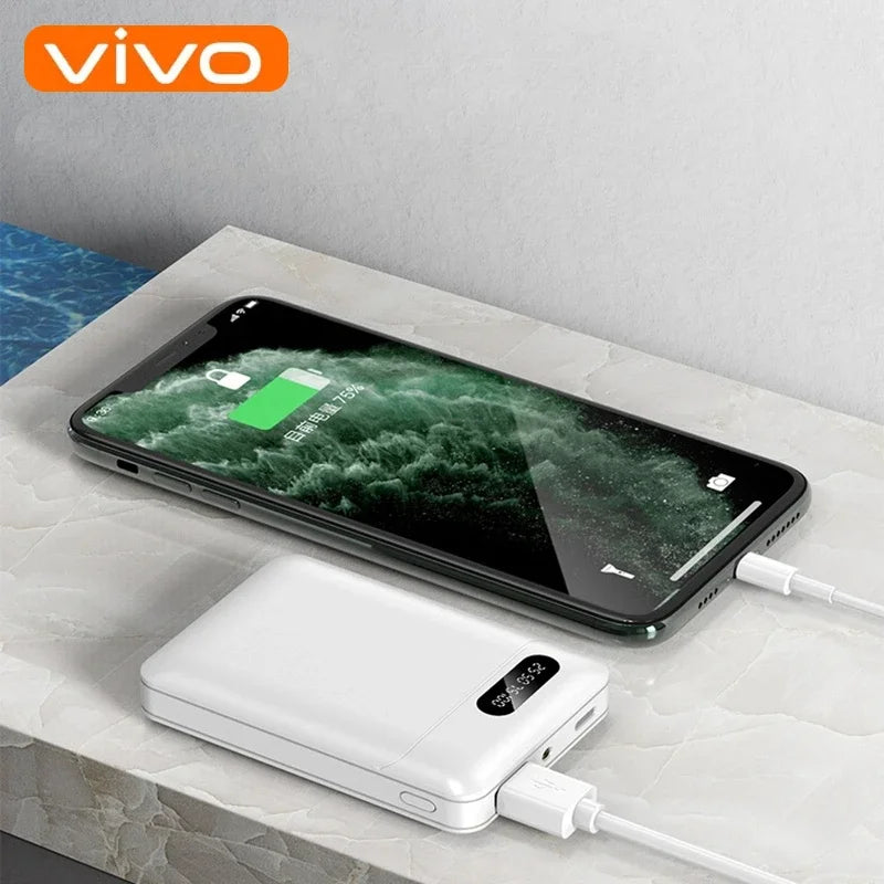 FanzyMarket 10000mAh portable power bank with LED display, wireless and USB-C charging for smartphones in white.