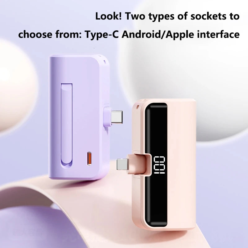FanzyMarket 50000mAh capsule power bank with digital display, built-in cables, portable high-capacity fast charger for iPhone, Samsung, Android.