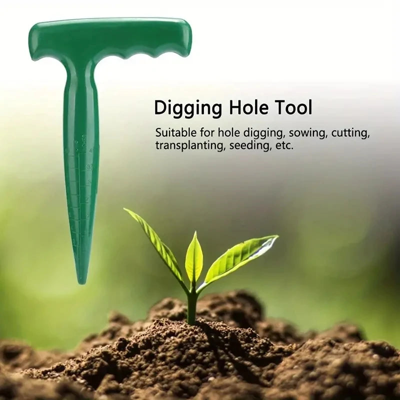 FanzyMarket handheld garden hole puncher with clear scale and seed dispenser, lightweight tool for planting seeds and bulbs.
