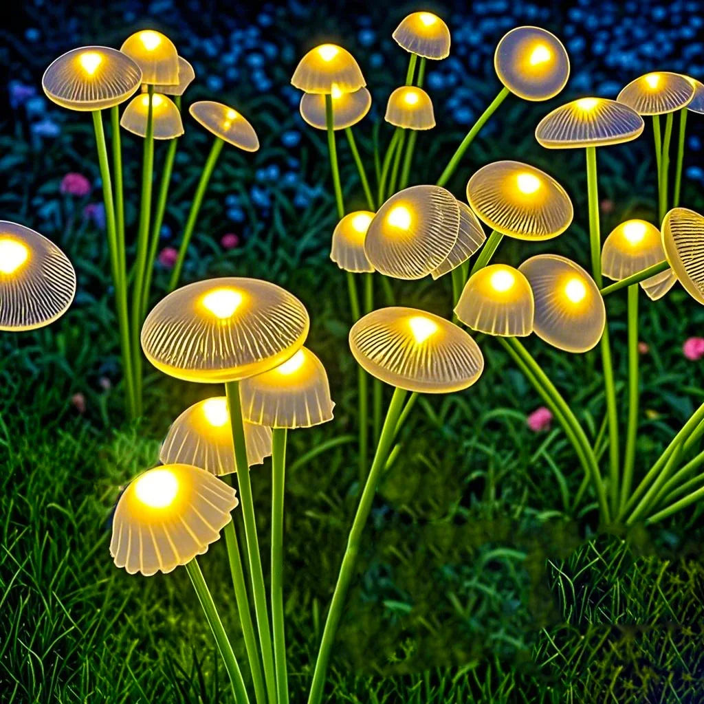 FanzyMarket solar mushroom garden lights with dual-mode LED, waterproof jellyfish style pathway and patio decor, set of 4.