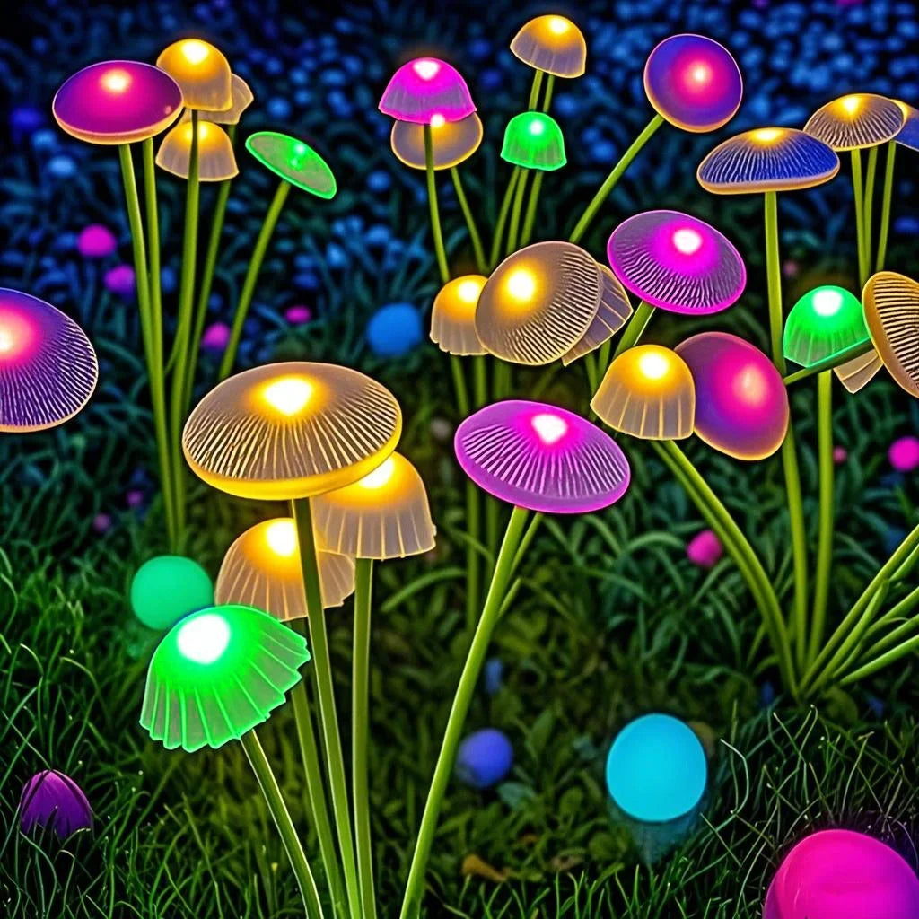 FanzyMarket solar mushroom garden lights in jellyfish style, waterproof dual-mode LED pathway and patio decor for outdoor lighting.