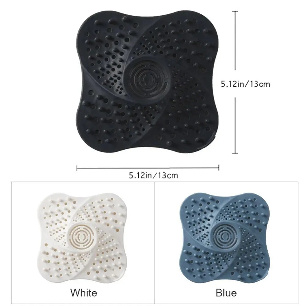 Blue FanzyMarket anti-clog hair catcher drain strainer plug for shower and sink, 5.1x5.1x0.8 inches, TPR bathroom drain cover.