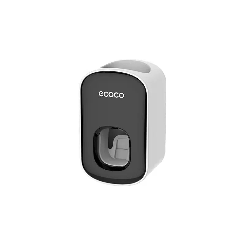 Gray and black automatic wall-mounted toothpaste dispenser with toothbrush holder, suction adhesive, ideal for bathroom organization.