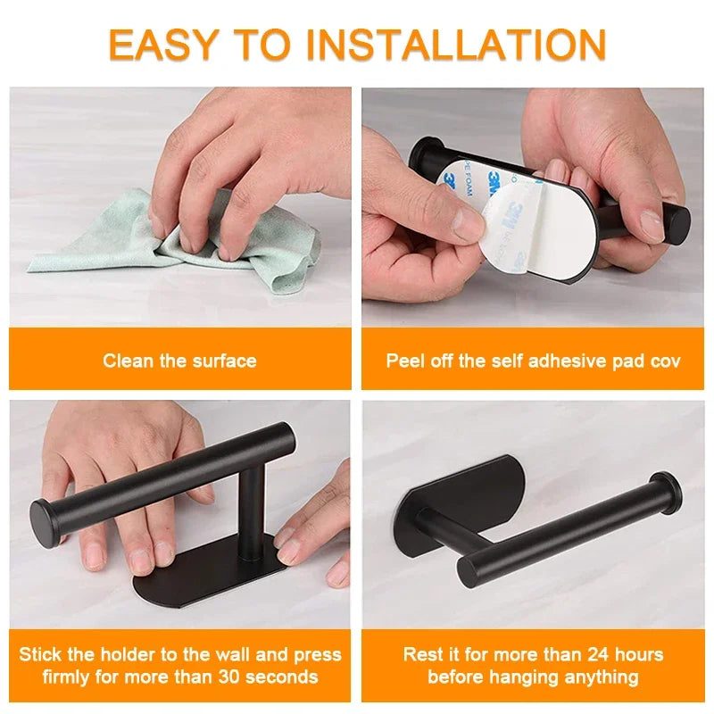 FanzyMarket stainless steel toilet paper holder with self-adhesive wall mount, suitable for bathroom and kitchen use.