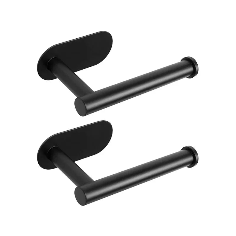 Black stainless steel FanzyMarket no-drill toilet paper holder, wall-mount tissue dispenser for bathroom and kitchen.