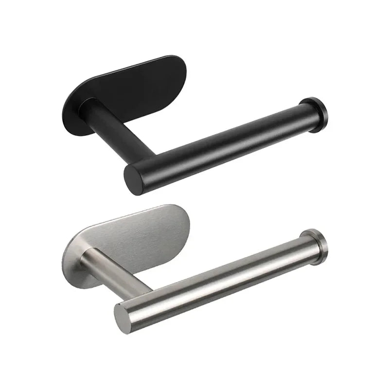 Two black stainless steel no-drill toilet paper holders with self-adhesive mounts for bathroom and kitchen use.