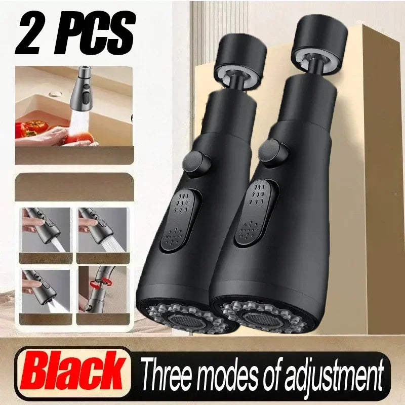 Black 3-in-1 kitchen faucet spray head with 360° rotating high-pressure nozzle, ABS replaceable sink sprayer from FanzyMarket.