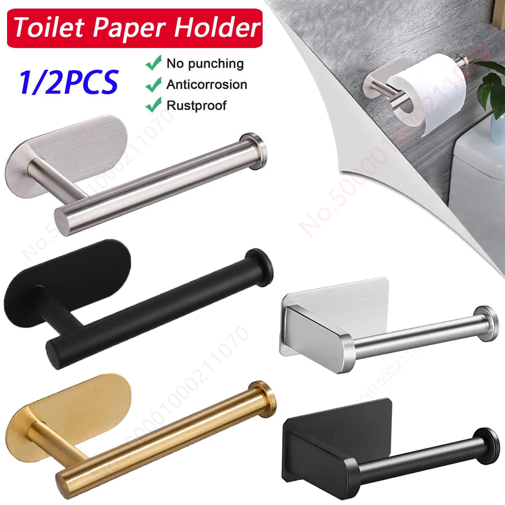 Two black stainless steel no-drill wall-mounted toilet paper holders with adhesive backing for bathroom and kitchen use.
