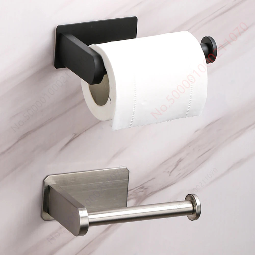 Two black stainless steel wall-mounted toilet paper holders with no-drill adhesive mounts for bathroom or kitchen use.
