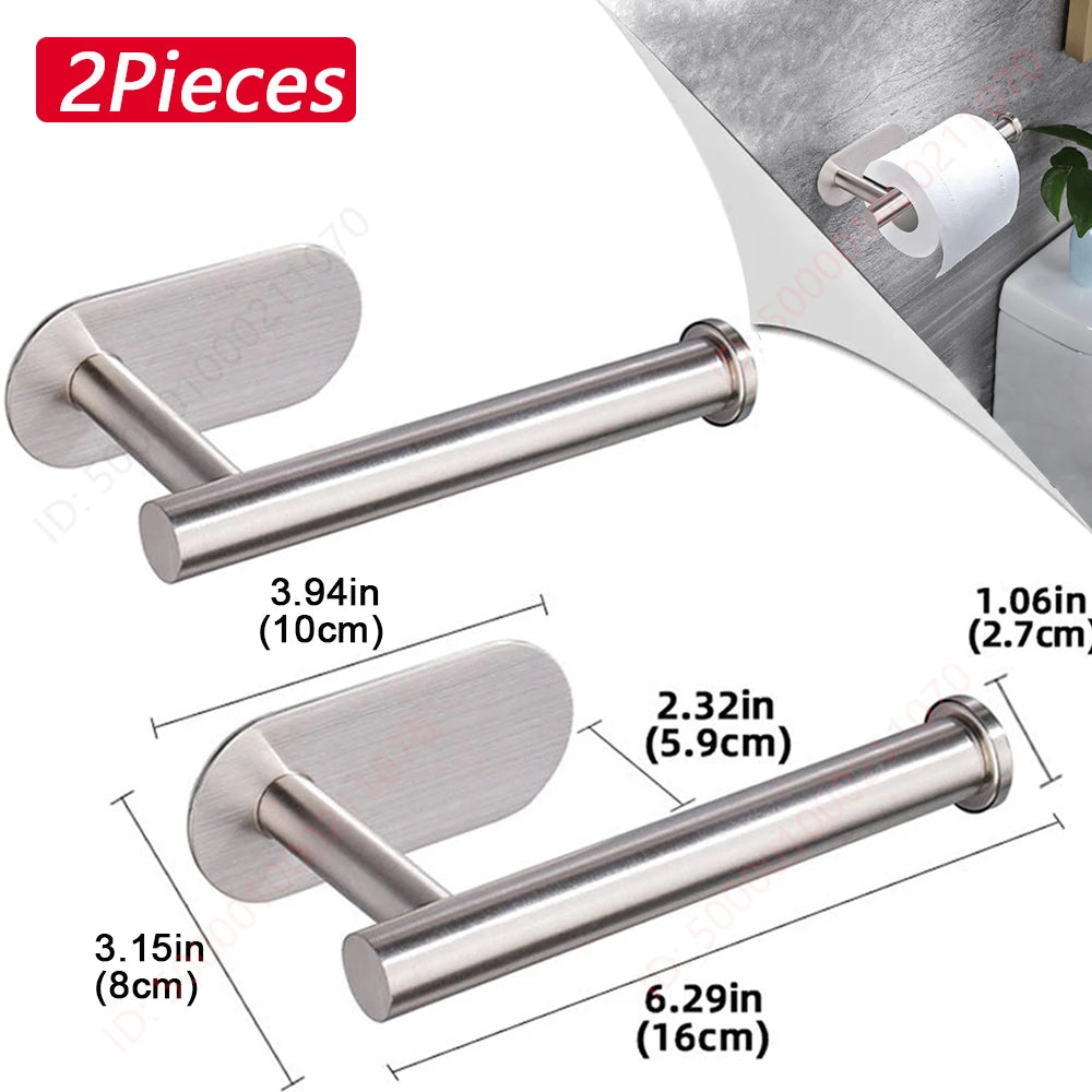 Two black stainless steel no-drill wall-mount toilet paper holders with adhesive backing for bathroom and kitchen use.