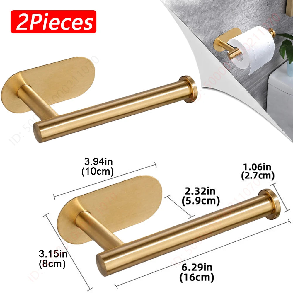 Two black stainless steel no-drill toilet paper holders with adhesive wall mounts for bathroom and kitchen use.